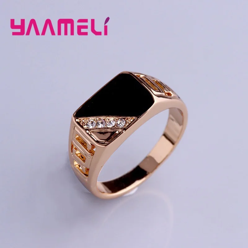 Classic Male Mens Wide Band Ring Unique 925 Sterling Silver Plated White Black Rhinestone Square Statement Hip Hop Jewelry