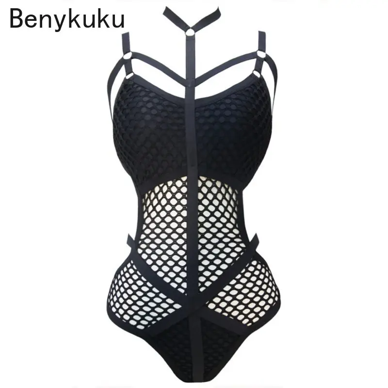 Gothic Women Black Sheer Knit Net Mesh Sexy Women Swimwear One Piece Swimsuit Female Bather Bathing Suit Swim Halter Romper New