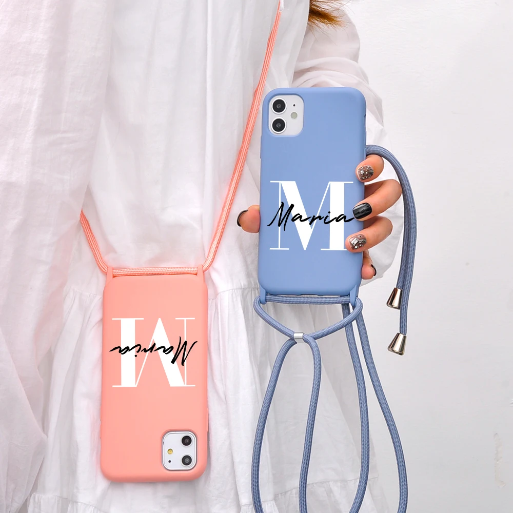 Чехол для iPhone с именем на заказ для iPhone 12 11 Pro Max X XR XS 7 8 Plus SE, мягкий чехол с ремешком через плечо и надписью