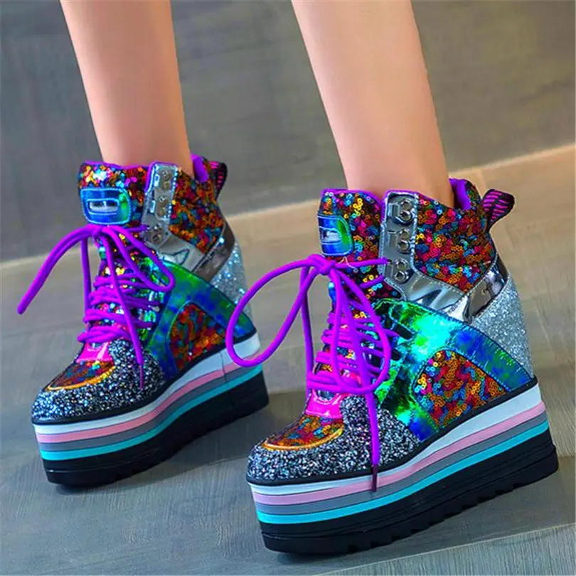 Punk Party Women Shiny Glitter Platform Wedge High Heels Fashion Sneakers Lace Up Buckle Creepers Ankle Boots Oxfords