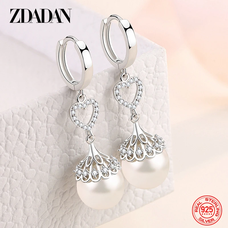 ZDADAN 925 Sterling Silver Pearl Heart Dangle Earrings For Women Fashion Wedding Jewelry Gift