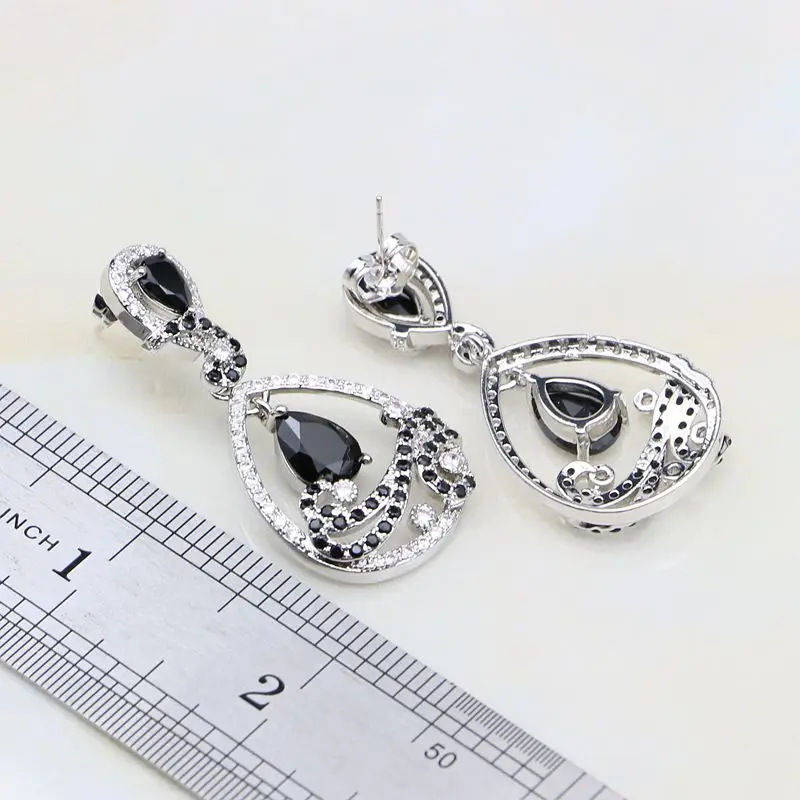 Water Drop Black Rhinestone White Zircon 925 Sterling Silver Jewelry Sets For Women Stud Earrings/Pendant/Necklace/Bracelet