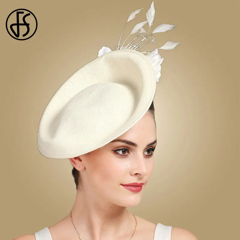 FS Beige Wedding Church Big Kentucky Derby Fascinator Hat Headwear Imitation Linen Sinamay Cocktail Hat With Flower Fedora Women