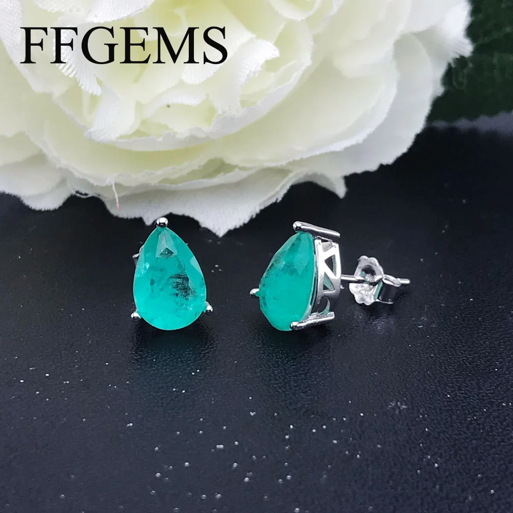 FFGems 100% Sterling Silver 925 Earring Emerald Paraiba White Gold Water Drop for Women Girl Fine Jewelry wholesale Party Gift