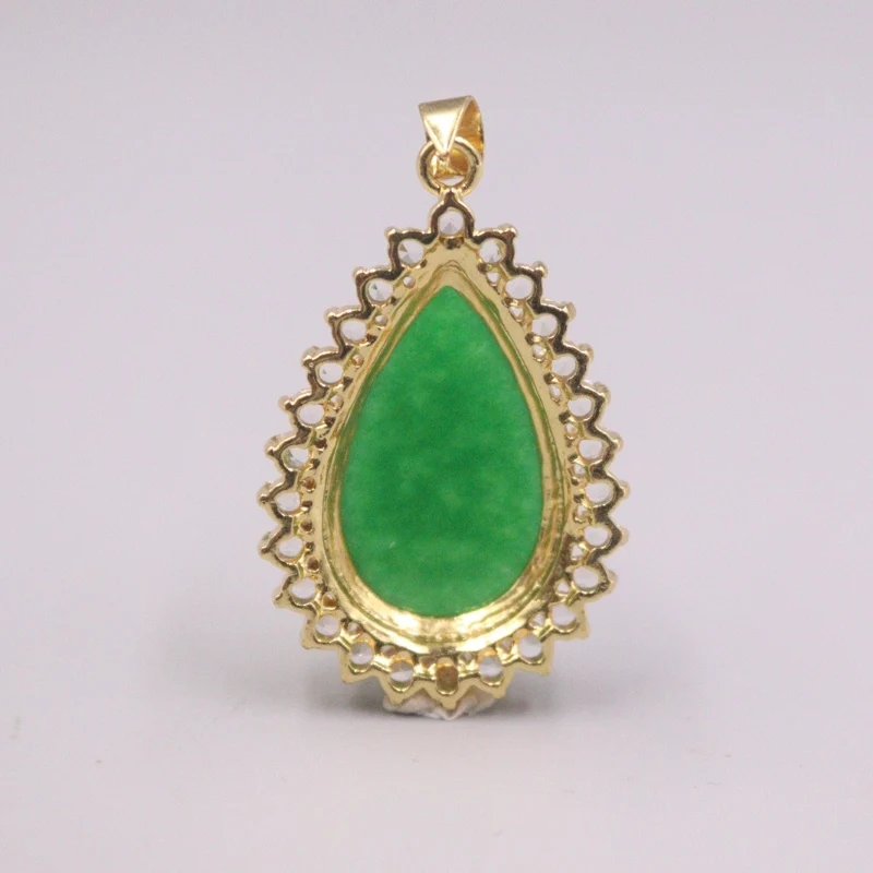 New 18K GP with Green Jade Pendant Water Drop Zircon Pendant  Best Gift 42x25mm