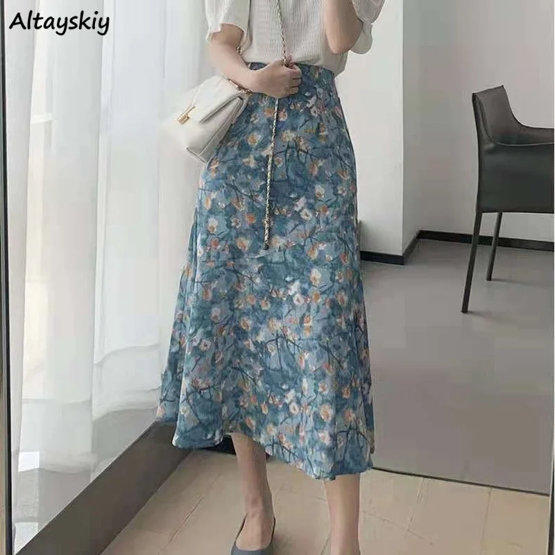 Skirts Women Korean Style Elegant Floral Sweet Girls Sexy Vintage Retro Empire All-match Holiday Chic Streetwear Leisure Mujer