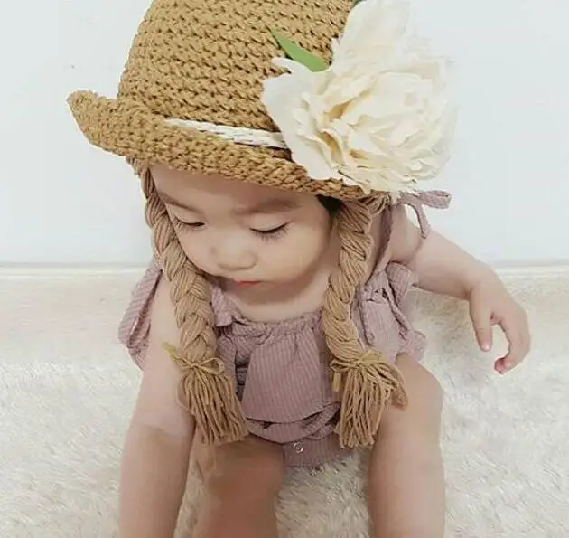 Spring Summer Baby Kids Girl Sun Block Beach Hat Hair Pigtail Braid Wig Bucket Cap Children Girls Princess Flower Straw Hat Cap