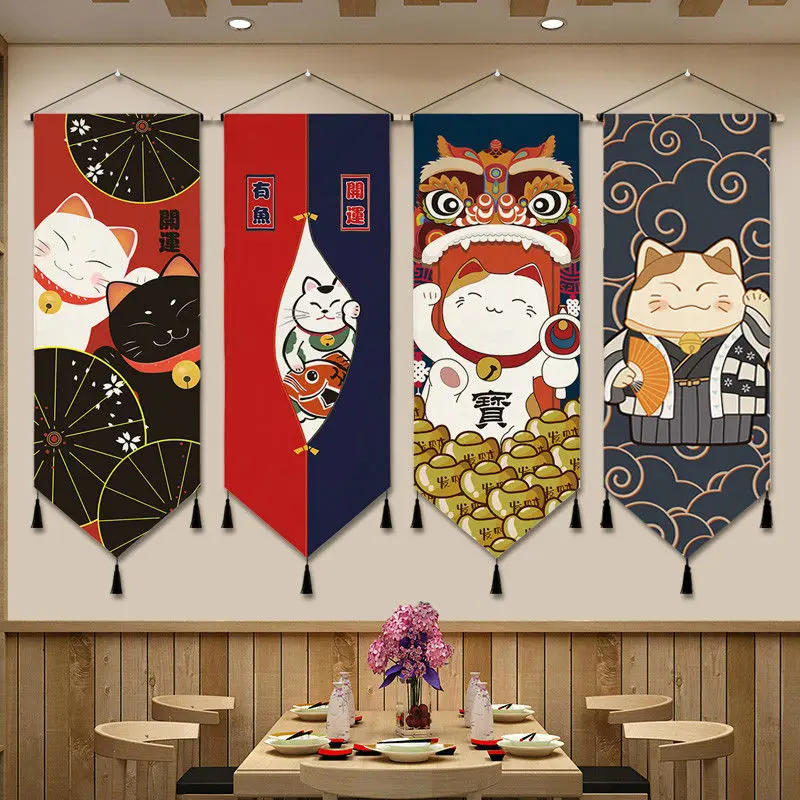 Japanese Poster Canvas Art Scroll Painting Pictures Anime Lucky Cat Hang Wall Tapestry with Tassels Home Living Room Decoration