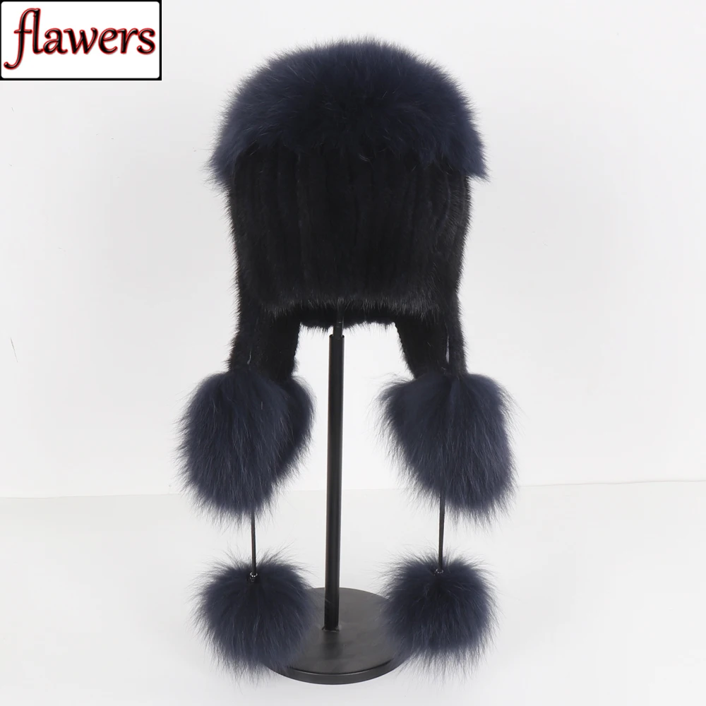 

Hot Sale Women Winter Outdoor Warm Real Mink Fur Hat Knitted Natural Fox Fur Cap Lady Luxury Thick 100% Real Mink Fur Bomber Hat