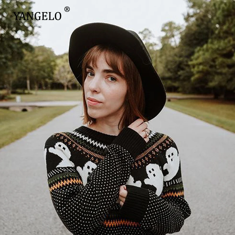 Yangelo Ghost Pattern Knit Sweater Women 2020 Fashion Winter Warm Long Sleeve Loose Comfortable Pullover Black Gothic Girl Top