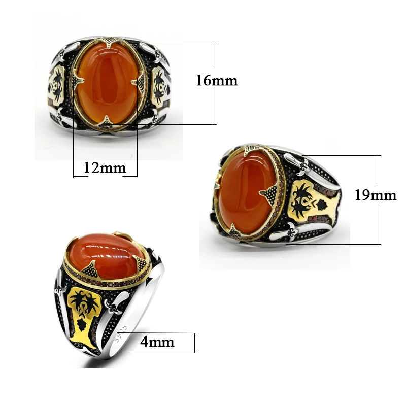 Genuine 925 Silver Men\'s Ring With Aqeeq Stone Islam Muslim Double Swords Vintage Rings Turkish  Jewelry Skull Fine Jewelry Gift