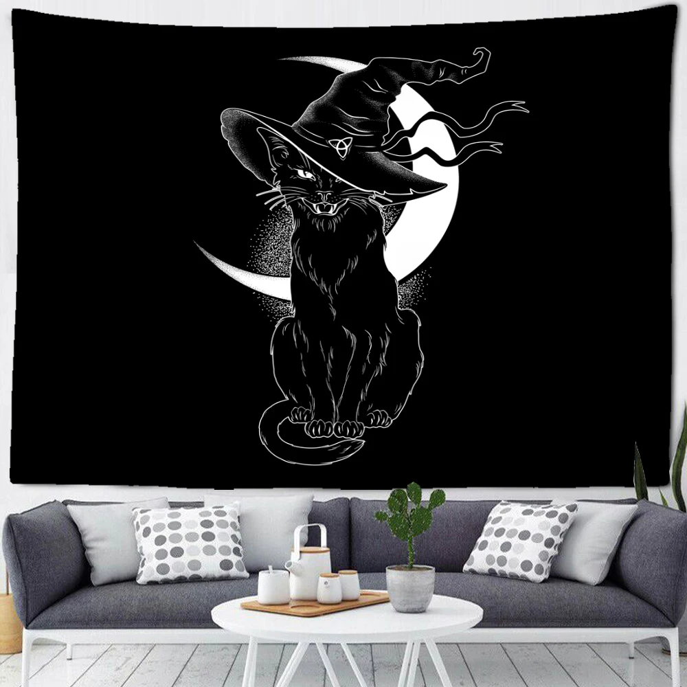 Black Cat Psychedelic Tapestry Wall Hanging Bohemian Witchcraft Tapiz Dormitory Mattress Dormitory Bedroom Home Decor