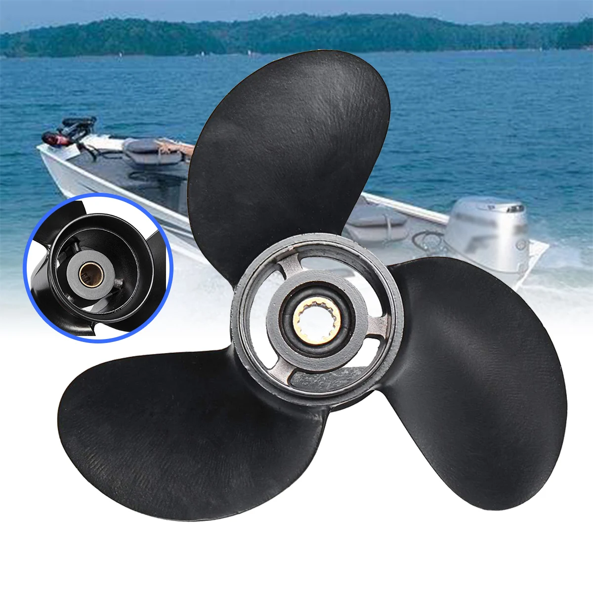 

8-9.8HP Aluminum Alloy 3 Blades 3B2W64517-1 8.5X9 Outboard Propeller Boat for Tohatsu Nissan-Mercury Black 12 Spline Tooths