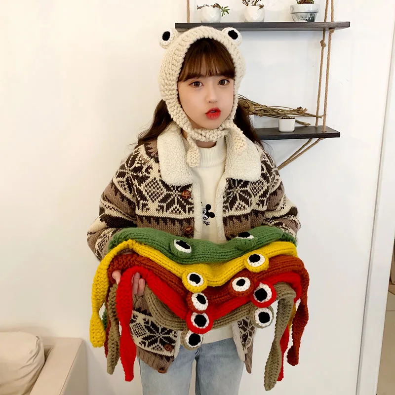 Cute Ladies Frog Hat Beanies Knitted Winter Hat Skullies Knitted Hat Cap Costume Accessory Gifts Warm Winter Bonnet