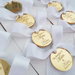 Espelho Personalizado Tag Acrílico para o Chuveiro Do Bebê, Círculo Redondo, Decoração Da Mesa Do Casamento, Favores Do Batismo, Presente Personalizado, 30, 50, 100Pcs