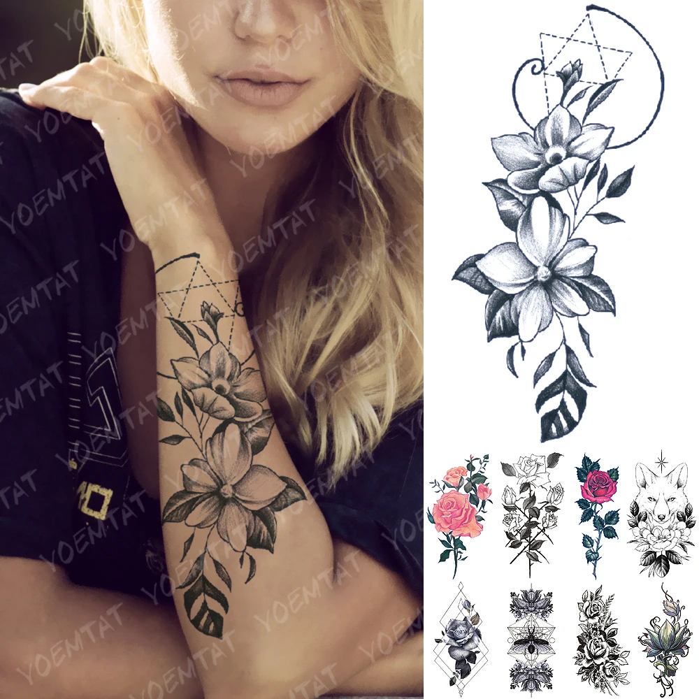 

Waterproof Temporary Tattoo Sticker Geometric Line Lily Flower Flash Tattoos Rose Fox Lotus Body Art Arm Fake Tatoo Women Men