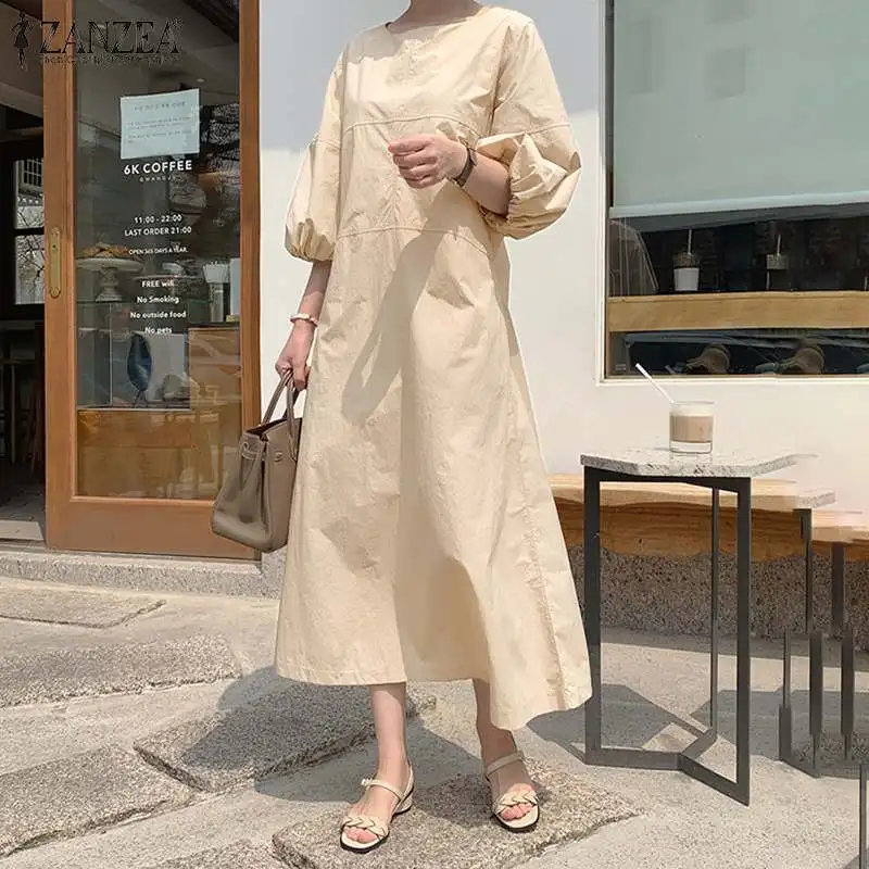 Autumn Casual Solid Sundress ZANZEA Elegant Women\'s Puff Sleeve A-line Dress Female Stylish Party Dresses S- Work OL Vestido7