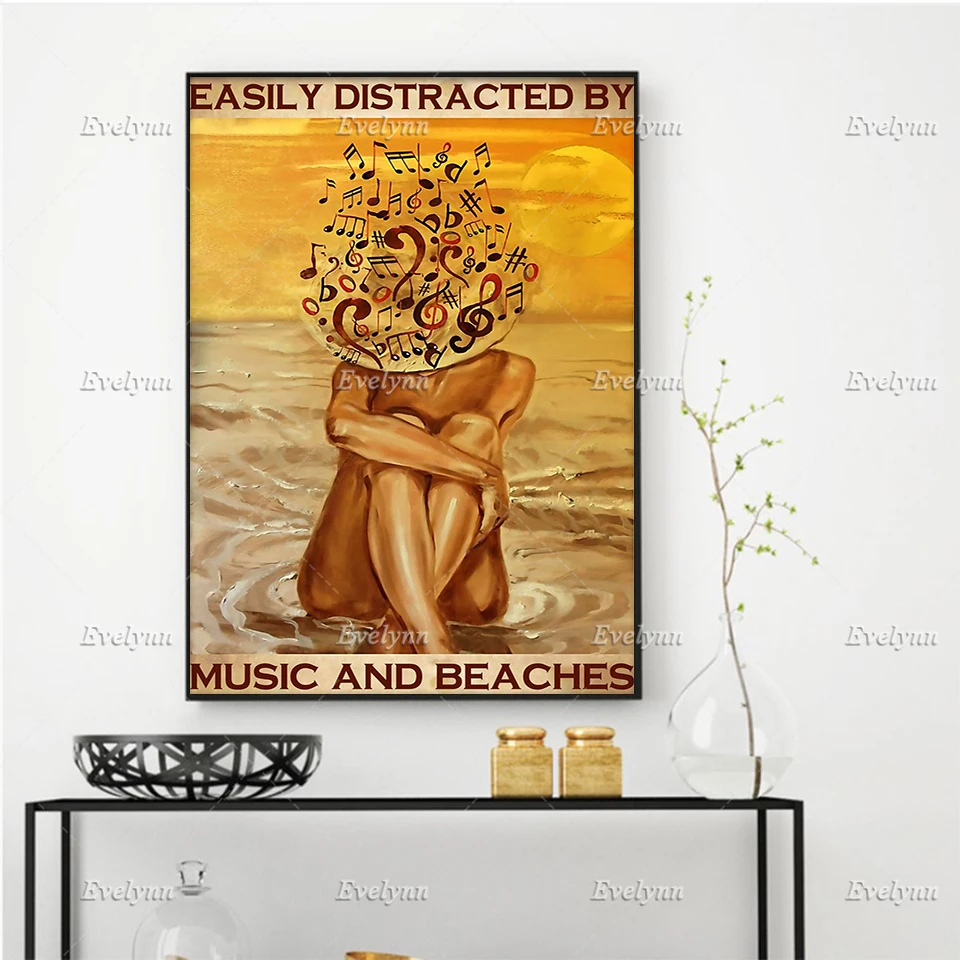 Girl Easily Distracted By Music And Beaches Poster Music Lovers Poster Bedroom Wall Art Prints Home Decor Canvas Floating Frame