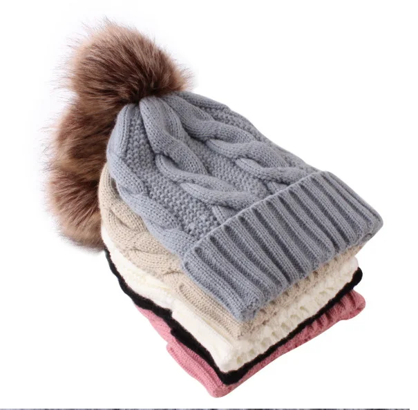 

New Winter Knitted Hat Pure Color Plus Velvet Warm Fur Ball Cap Ladies Thickened Hood Hats Women Skullies Beanies