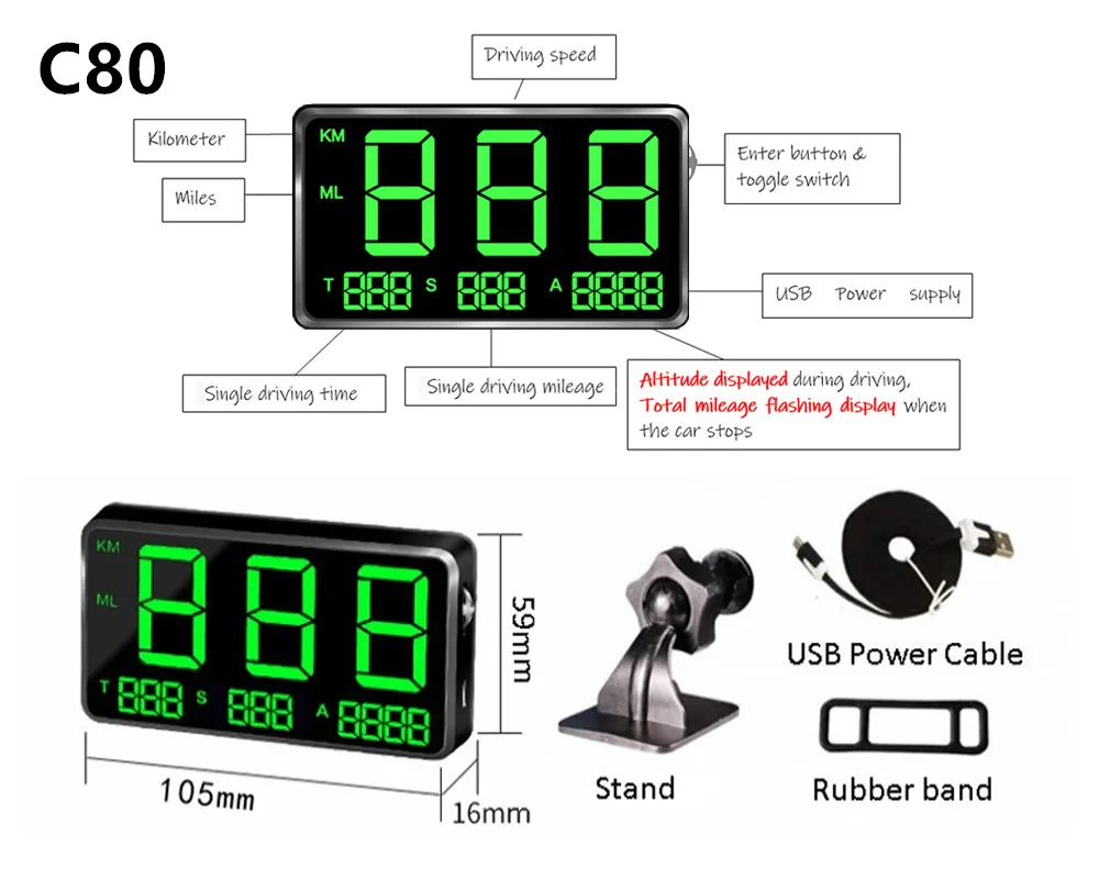 Universale GPS HUD tachimetro contachilometri auto Display digitale della velocità MPH Over Speed Alarm Car Clock per tutti i veicoli C80 C90