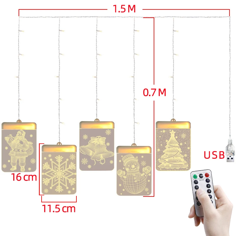 USB التحكم عن بعد LED ضوء المصباح معلقة سلسلة ثلاثية الأبعاد عيد الميلاد الجنية ضوء أكاليل للزينة غرفة الزفاف السنة الجديدة