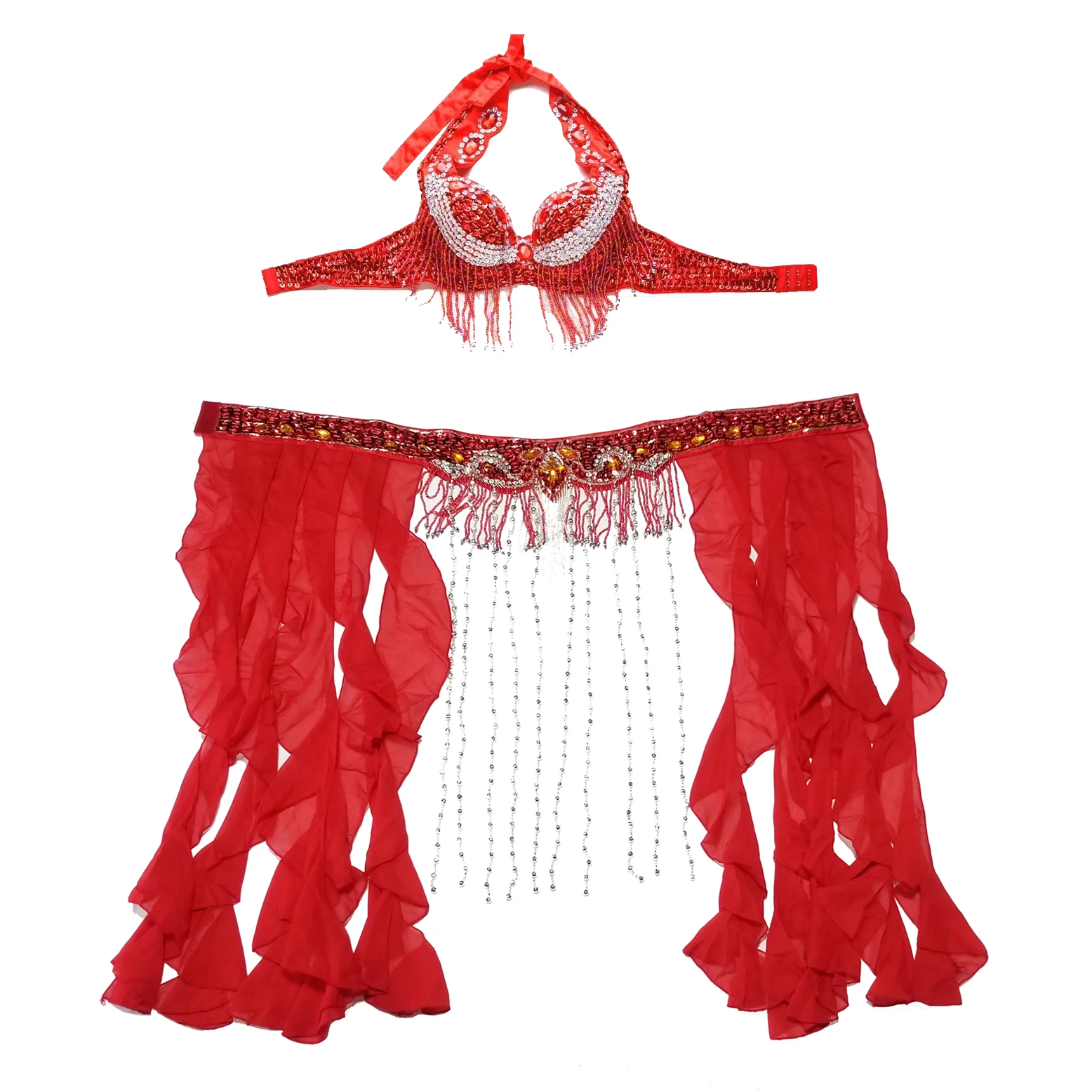 Traje de danza del vientre Oriental Sexy para mujer, sujetador con cuentas de lentejuelas, cinturón, actuación en escenario, traje de danza del vientre profesional, ropa roja caliente