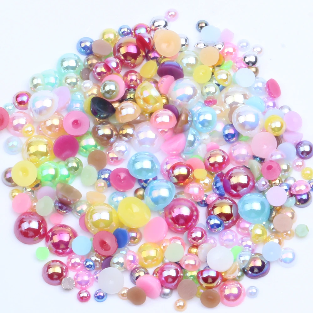 Mixed AB Colors Resin Half Round Pearls Beads 1.5-12mm And Mixed Sizes Non Hotfix Glue On Gems DIY Crafts Embellishment