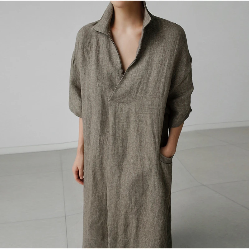 NINI WONDERLAND 2021 Autumn Women V Neck Cotton Linen Big Size Dress  Summer Loose Slit Casual Dress Vintage Robe Korean Style