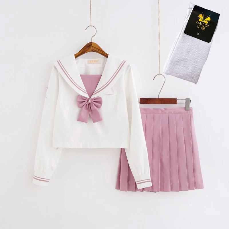 Japonês JK uniforme Rosa Magnólia bordado Marinheiro terno Estudante Escola Universitária uniforme de manga comprida terno Mulheres Saia Plissada