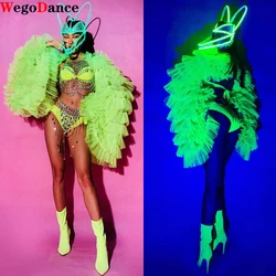 Fluorescent Green Bikini Women Costume Suit Jacket Body Chain Nightclub Bar Stage Model Catwalk DJ Performance Dance Wear