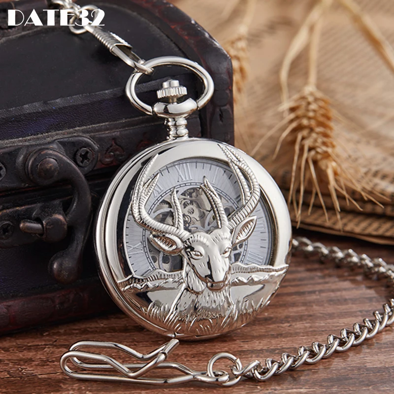 

Elegant Mechanical Pocket Watch Sliver Goat Animal Hollow Steampunk Skeleton Dial Fob Chain Clock for Men Women Dropshipping