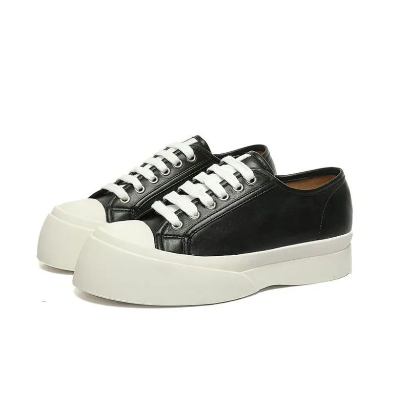 Fashion Round Toe Thick Bottom Casual White Shoes Women Lace-up Sneakers Women Leather Flat Canvas Shoes Women Zapatos de mujer