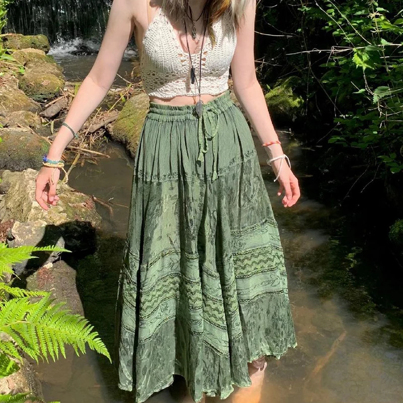 90s Vintage Boho Midi Skirts Fairycore Grunge Kawaii Bow High Waist Long Pleated Skirt Chic Women Retro Holiday Beach Streetwear