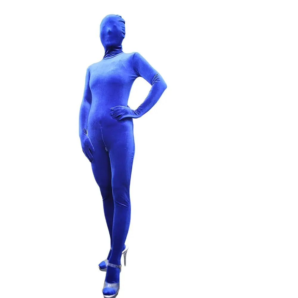 Unisex Elastische Fluwelen Een Stuk Panty Volledige Jas Zentai Aparte Vingers Lange Mouwen Rits Open Kruis Bodysuit Winter Jumpsuit