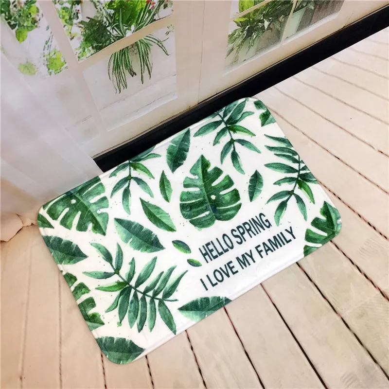 Fresh Palm Leaf Print Decorative Entrance Doormat Antislip Bathroom Rug Absorbent Flannel Kitchen Carpet Tropical Home Decor Mat