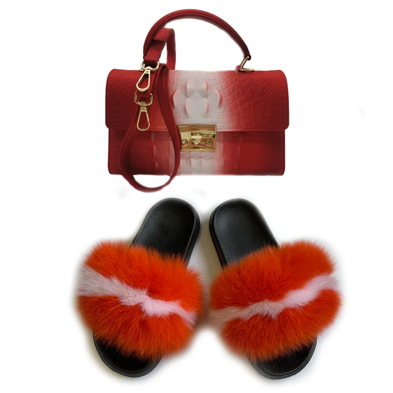 New Women Casual Plush Real Fox Fur Slippers Fashion Shoulder Bag Handbag  Ladies Cute Flat Furry Fur Slides Fluffy Fur Shoes