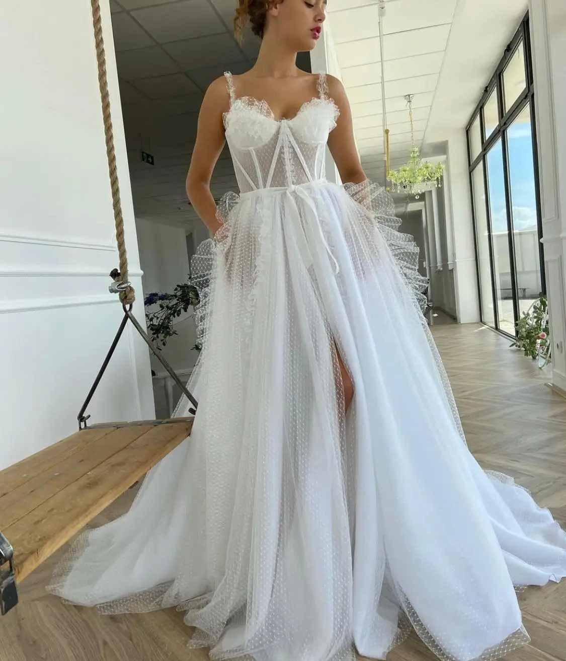 BridalAffair-Vestidos de Fiesta largos con lunares blancos, traje de noche con tirantes finos, Espalda descubierta, 2021