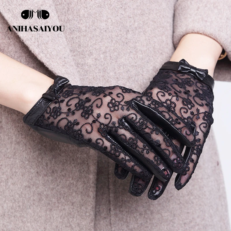 Sexy Fashion women\'s leather gloves spring and autumn thin sheepskin black lace gloves bow women\'s gloves-7018