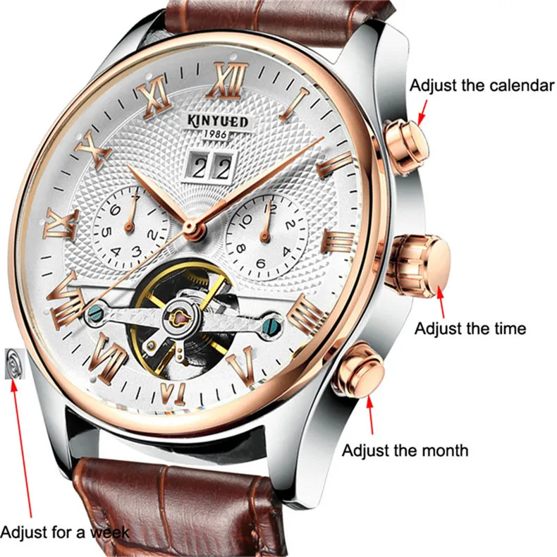 KINYUED Tourbillon Männer Uhren Mode-Business Automatische Mechanische Uhr Männer Casual Leder Wasserdichte Uhr Relogio Masculino – Detail 2