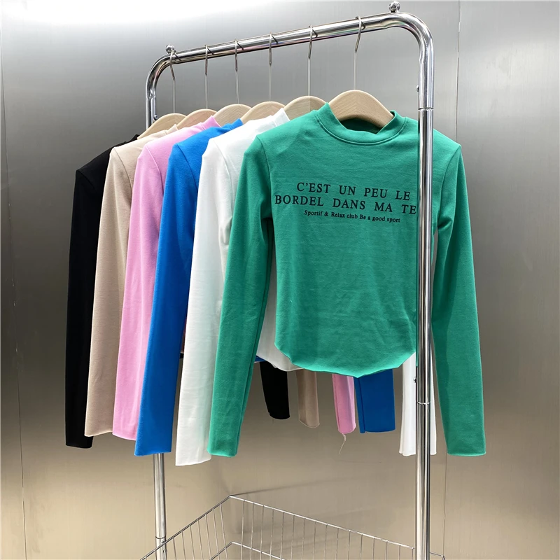 

New 2021 Crew Neck Letter Tight Short Open Navel Long Sleeve T-shirt Thin Velvet Warm Versatile Elastic Pullover Top