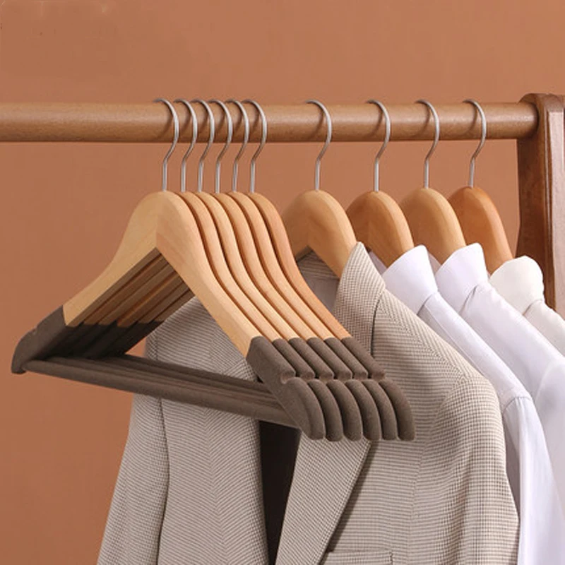 10pcs/lot 44.5cm Solid Wood Coat Hangers with Flocked Anti-skid Shoulders Seamless Wooden Suits Hanger Ideal for Garment Shop