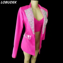 Jacket+Bra+Pants 3 Piece Set Women Singer Bar Concert Rhinestones Blazer Suits Birthday Party Outfits Show Jazz Dance Costume