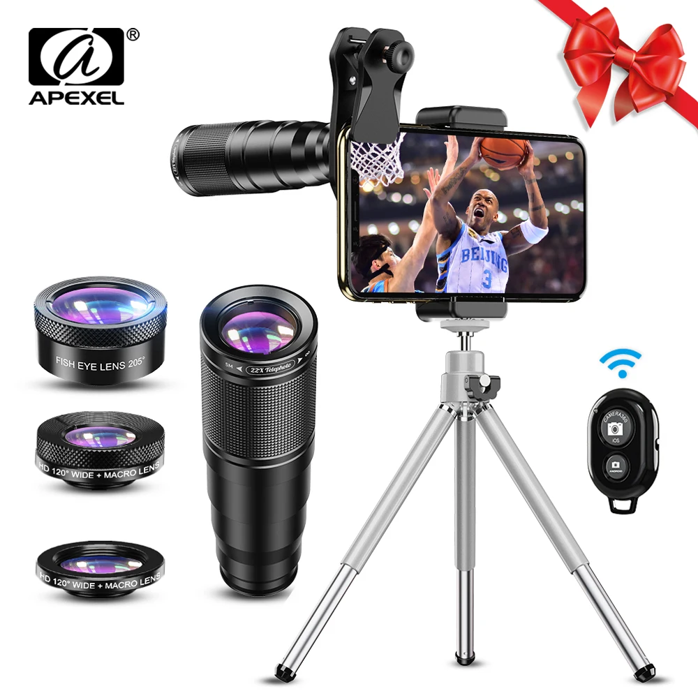 

APEXEL New HD Phone Camera Lens Kit 4in1 Telephoto Zoom Monocular Telescope 22X Lens Macro Wide Fisheye Lens With Remote Tripod