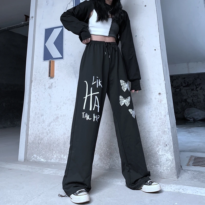 

Gothic Black Trousers Streetwear Autumn New Korean Long Wide Leg Pants All-match Printed Butterfly Loose Straight Pants