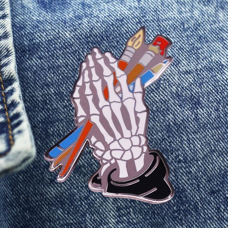 Interesting Bone Hand Brooch Metal Enamel Lapel Badge Collect Denim Jacket Backpack Pin Decoration Given Friends And Fans Gifts