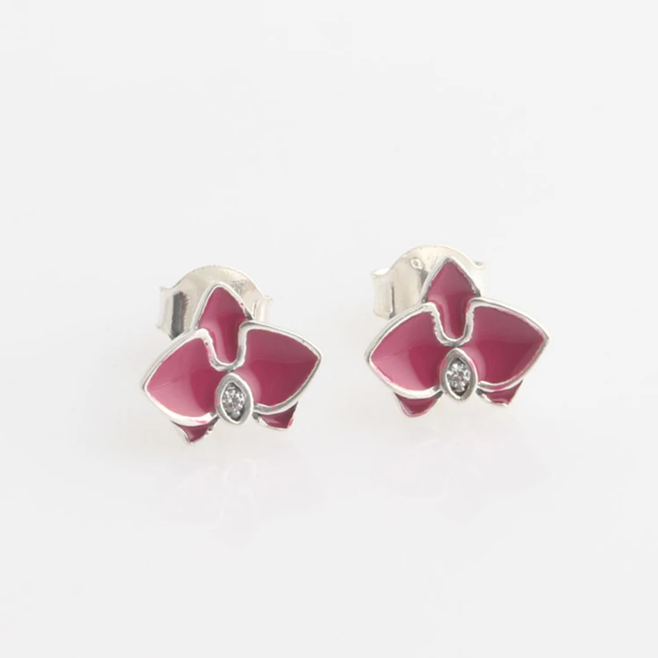 

Authentic S925 Silver Enamel flower With Crystal Stud Earrings For Women Wedding Gift fit Lady Fine Jewelry