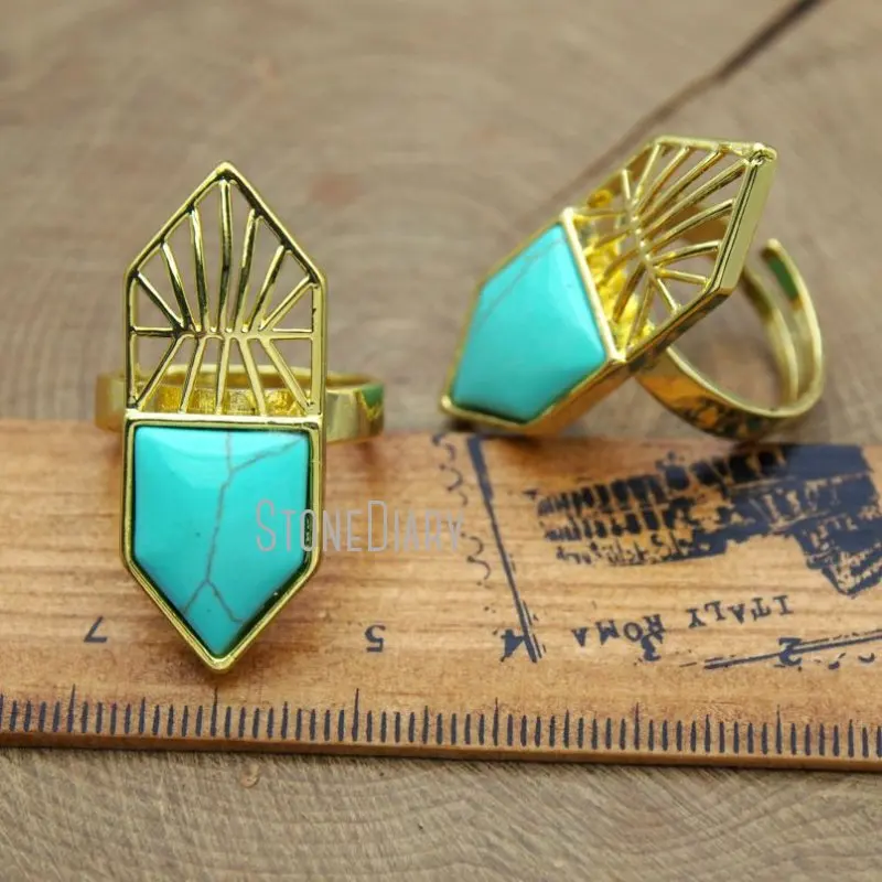 RM10111 10Pcs Fashion Cut Out Pentagon Man Made Turquoises Gold Color Hexagon Ring Copper Ring For Less Adjustable