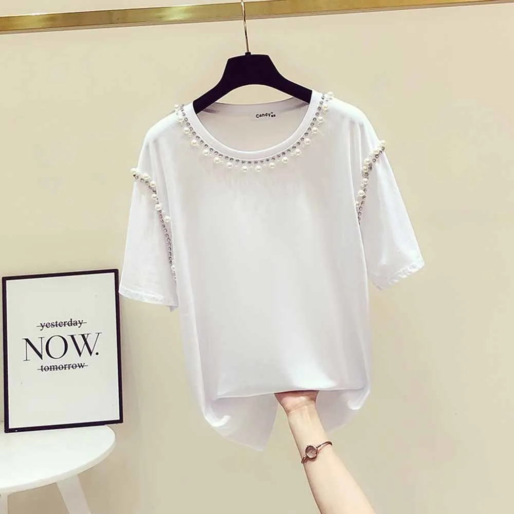 Pearls beading O-neck cotton short sleeve t shirt women elegant white tee shirt femme Korean modis tops 2022 new summer tshirt