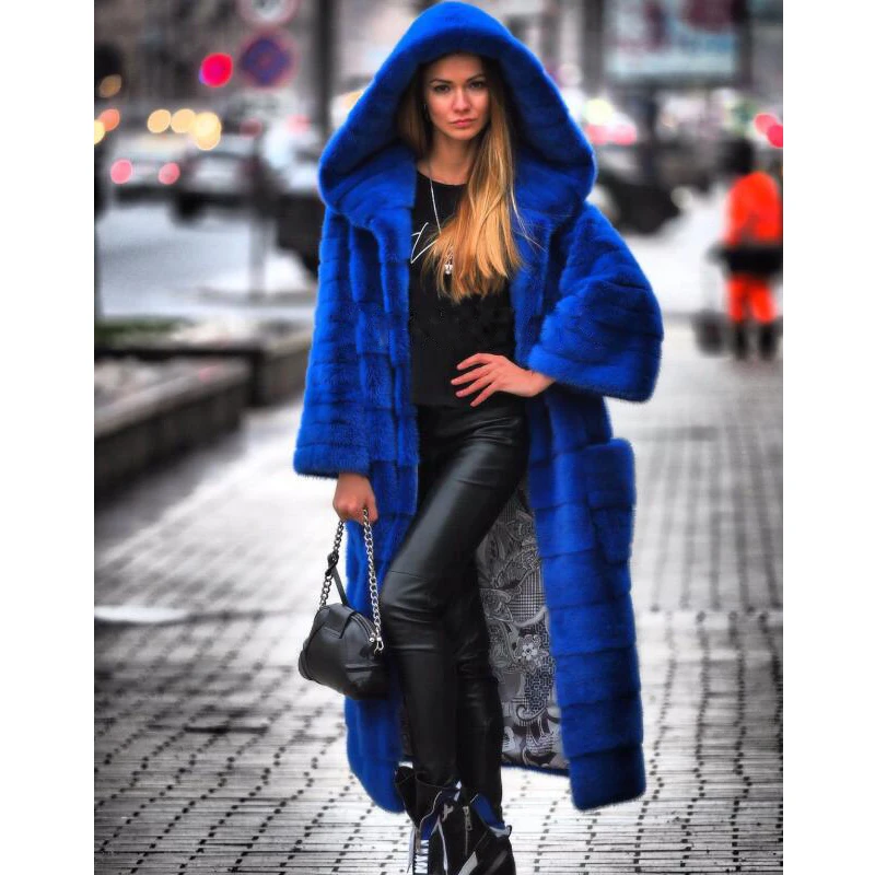 Luxury Royal Blue Hooded Mink Fur Coat For Women 120cm Long Natural Genuine Mink Fur Jacket Full Pelt Fur Coats Russian Winter