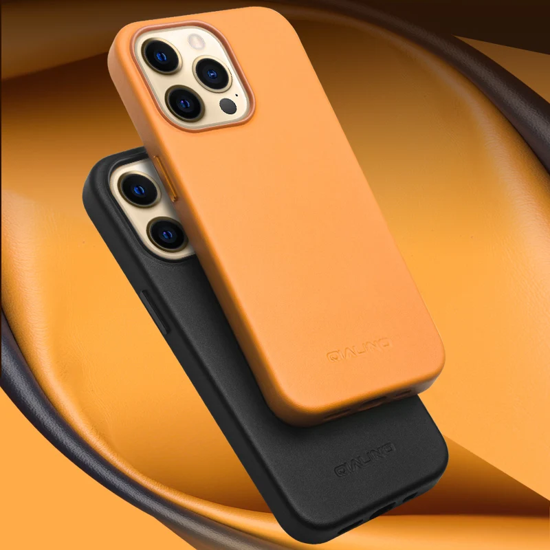 QIALINO Genuine Leather Slim Phone Case for iPhone 13 Mini Fashion Handmade Magnetic Function Back Cover for iPhone 13 Pro Max